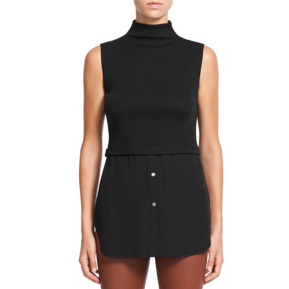 Theory black mock neck sleeveless ribbed knit sweater with shirt tails, Small - Picture 7 of 7